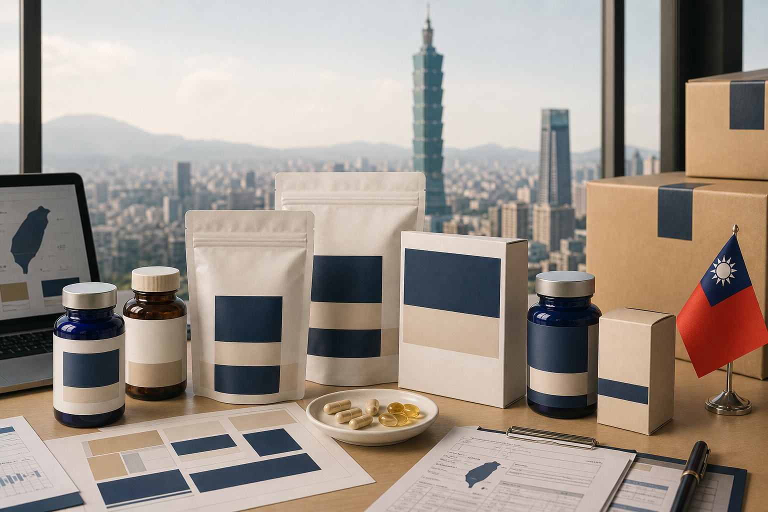 日本の健康食品を台湾向けパッケージと輸入書類で展開するイメージ