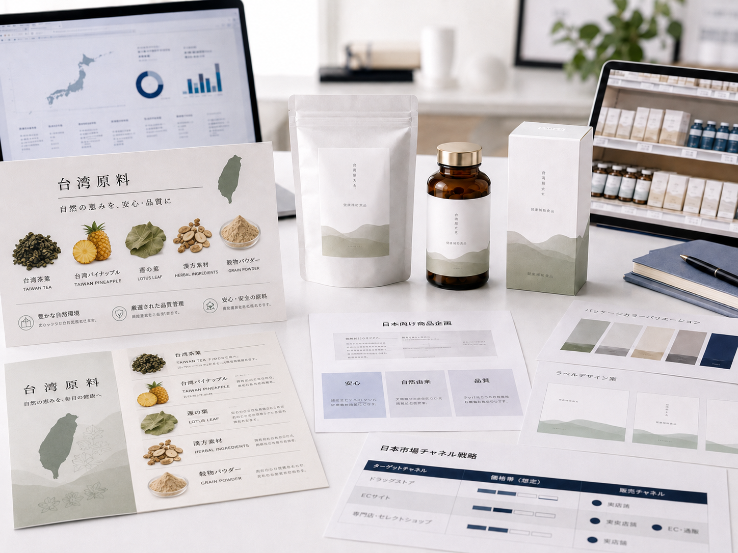 海外原料を日本向け商品として企画する製品・販売資料のイメージ