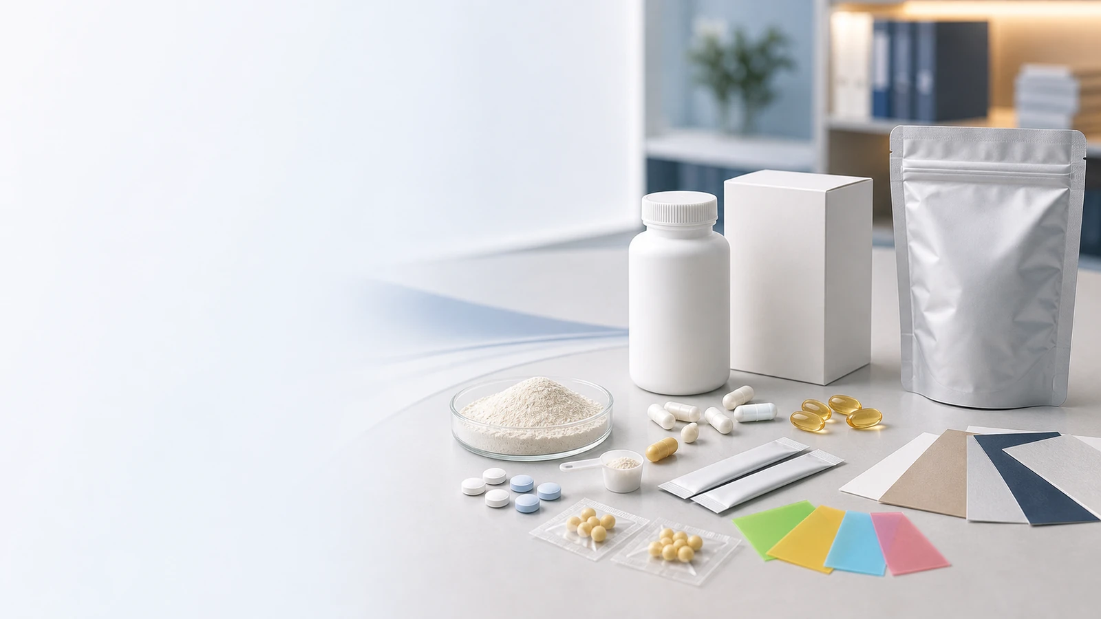 健康食品OEMの剤型と包装仕様を検討するための製品サンプル